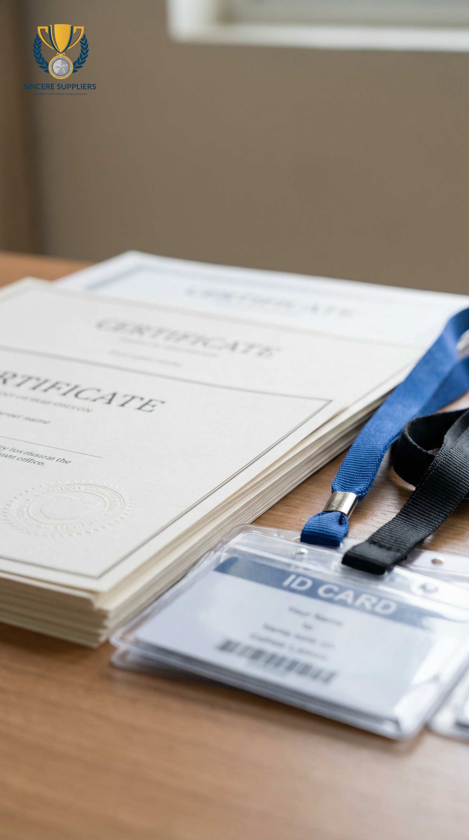 certificates and ID cards from Sincere Suppliers